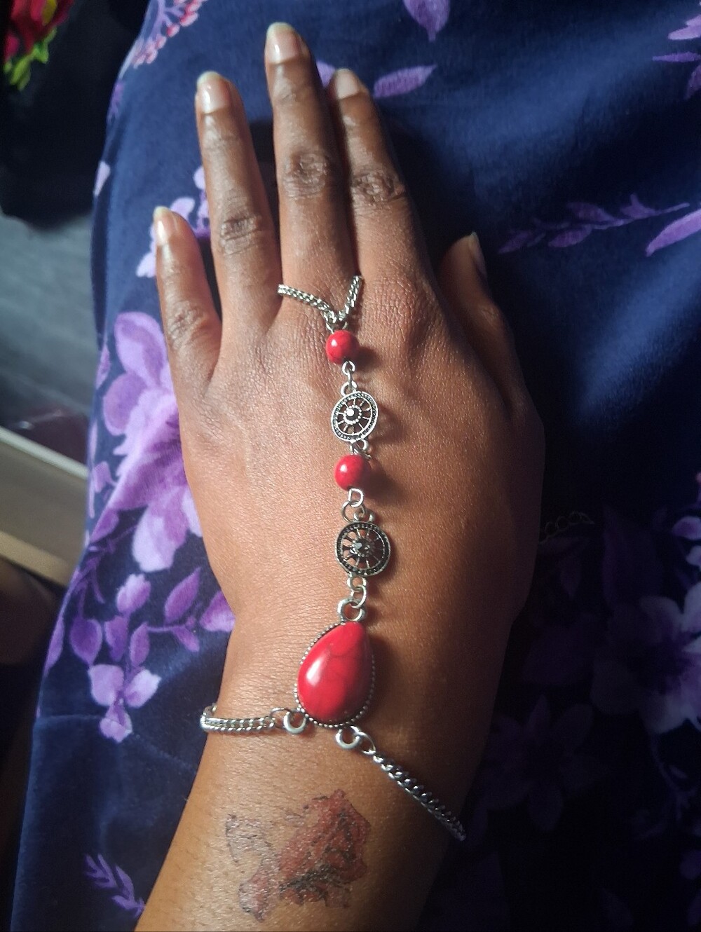 Hand Chain Bracelet with Red Stone Accent - Women Jewelry